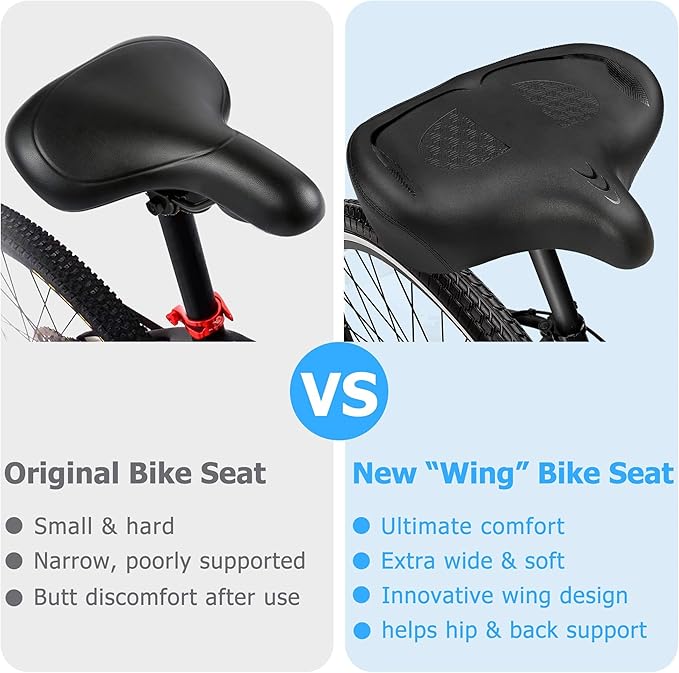 Oversized Bike Seat for Men & Women Comfort, Extra Wide Bicycle Seat Cushion, Comfortable Wing Padded, Large Replacement Saddle for Peloton, Stationary Exercise Bike, Ebike, Cruiser, City Bike