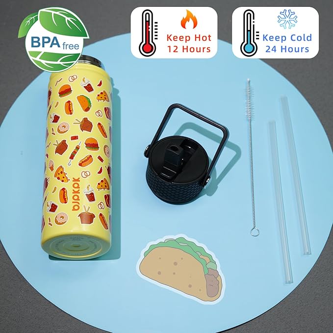 BJPKPK Insulated Water Bottle with Straw Lid, 22 oz Stainless Steel Metal Water Bottles, Reusable Leak Proof BPA Free Water Bottles, Cups, Thermo, Yummy