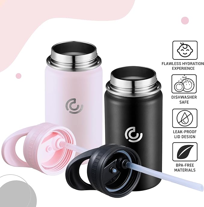 2 Pack Kids Water Bottle,14oz Stainless Steel Insulated Water Tumbler Leak-Proof,School Water Mug,Small and Portable,Suitable for Boys and Girls to Use(Black + Pink)