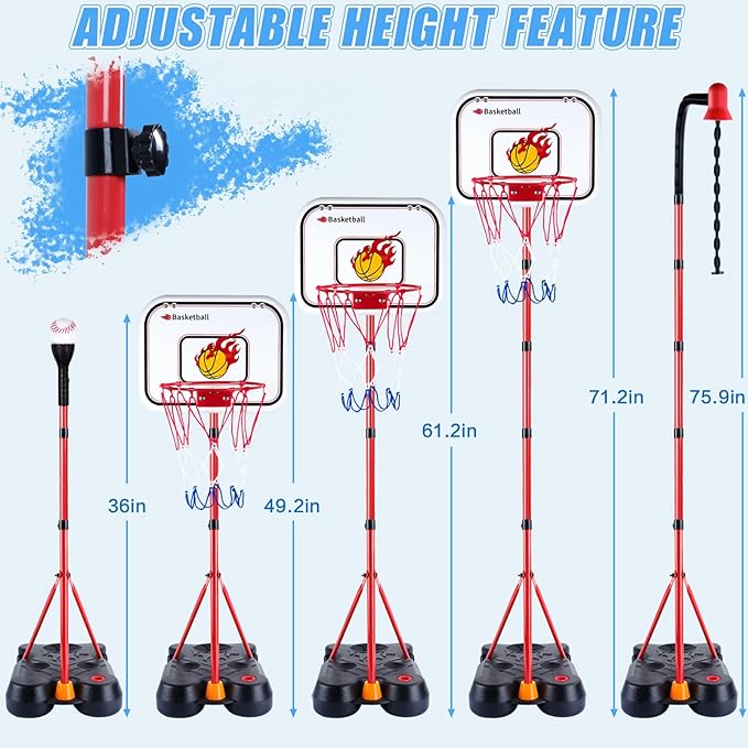 SIOTMERA 4 in 1 Kids Basketball Hoop and T Ball Set, Adjustable Height Toddler Basketball Hoop with Hanging Tee Baseball, Outdoor Indoor Toys Gifts for Boys Girls Ages 3-8