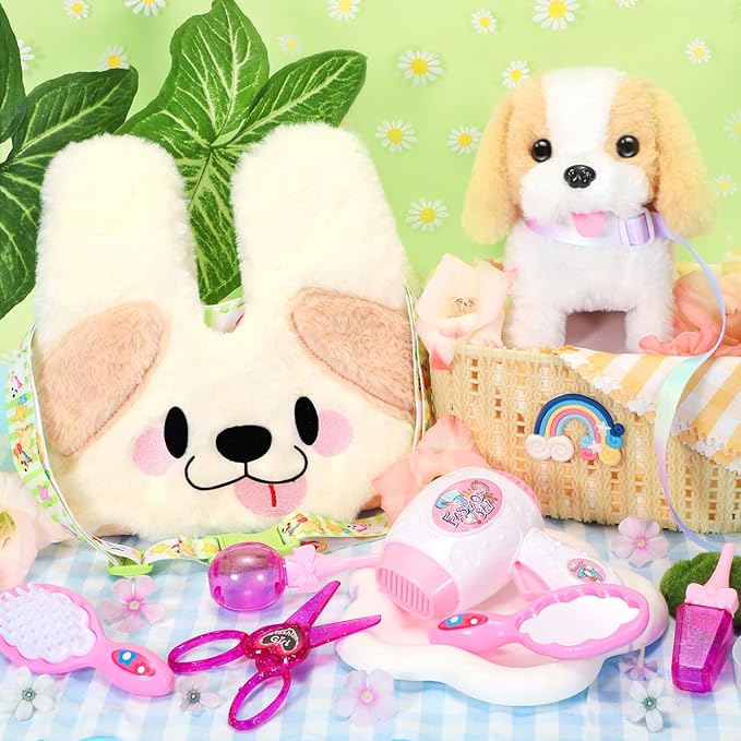 Plush Dog Toys for Kids with Crossbody Bags, Puppy Toys Robot Dog with Leash Walking Barking Tail Wagging, Pretend Play Pet Care Cute Stuff Electronic Interactive Toddler Birthday Gifts