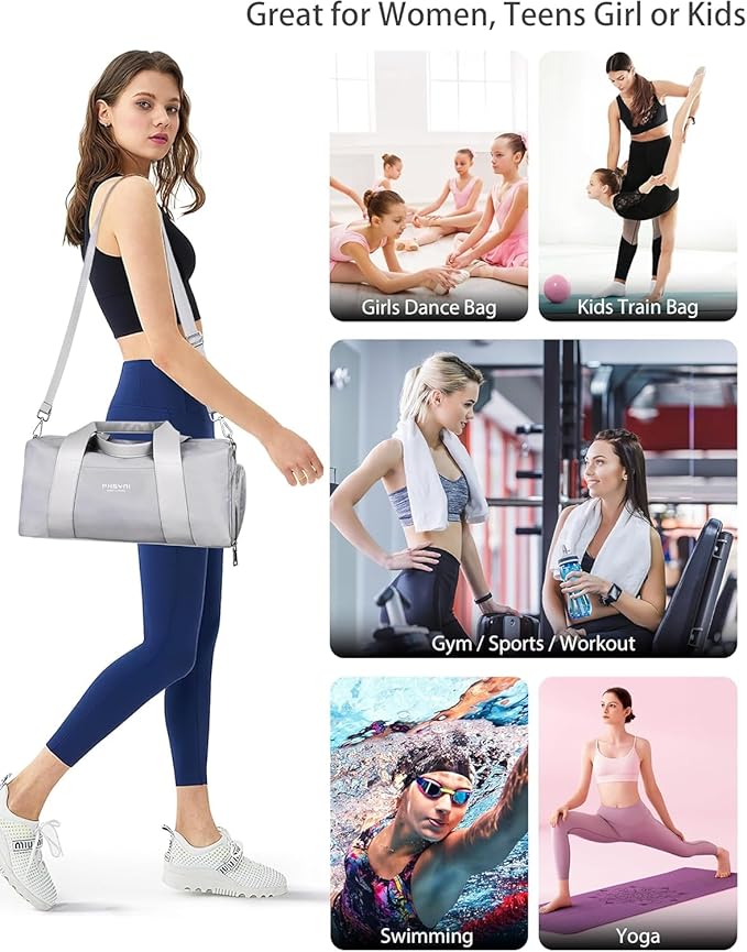 Compact Sports Gym Bag for Women and Men, Cute Mini Duffle Bag with Wet Pocket & Shoes Compartment, Personal Item Travel Workout Bag, 16"-Small, Grey