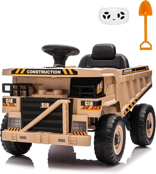12V Ride On Construction Truck, Battery Powered Ride On Car with Remote Control, Kids Electric Vehicle with Shovel, Speaker, Khaki