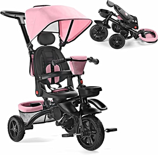 Folding Kids' Tricycle, 8 IN1 Baby Trike W/Removable Canopy &Parental Push Rod, Toddler Bike Stroller for Kids 1-5 Years, 360° Swivel Seat, EVA Wheels，Storage Basket, Pink