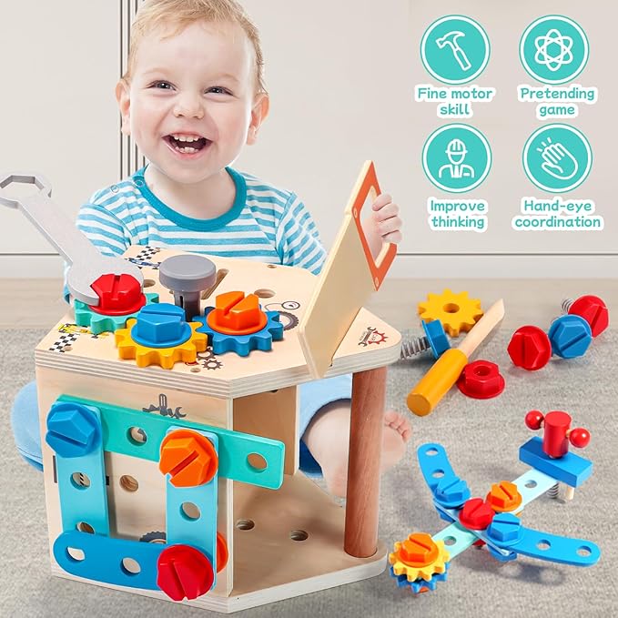 Montessori Toddler Tool Set - 33 PCS Wooden Kids Tools with Box / Bench, Montessori Educational Pretend Play Preschool Toys Gifts for 2 3 4 5 Year Old Boy Girl Kids, STEM Fine Motor Skills Tool Set
