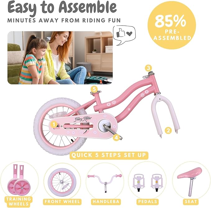 Girls Bike for Kids 2-5, Kids Bike with Training Wheels, Basket, Coaster Brake, Streamers, 12 14 16 inch Pink Pedal Bike for Kids, Birthday Gift