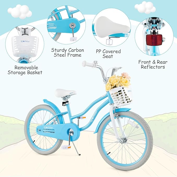 BABY JOY Kids Bike, 12 14 16 18 20 Inch Boys Girls Bike w/Adjustable Seat, Removable Basket, Handbrake & Coaster Brake, Training Wheels or Kickstand, Kids Bicycle with Multi-Color