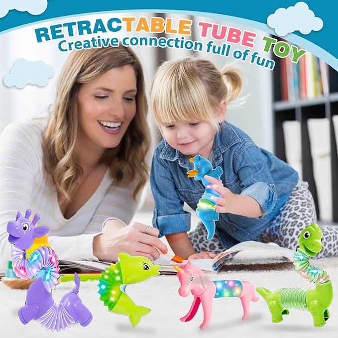 LED Animal Pop Tubes Fidget Toys 10PCS, Sensory Toys for Autism & Stress Relief, Travel Toys for Car and Airplane, Christmas Stocking Stuffers for Kids & Toddlers