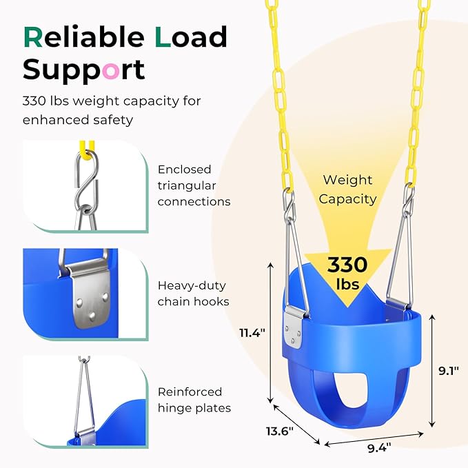 DECORLIFE Toddler Swing Seat, Outdoor Baby Swing with Coated Chains, Heavy Duty High Back Full Bucket Swing Chair with Ant-Loosening Carabiners, Fully Assembled Swingset Accessories for Backyard, Blue