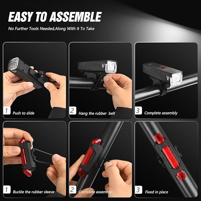 WGGE Ultra Bright USB Rechargeable Bike Light Set,Powerful Bicycle Front Headlight and Back Taillight,Easy to Install for Night Riding Fits All Bicycles,Mountain,Road or Camping