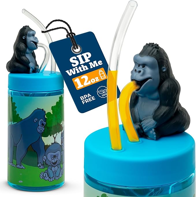 Kids Water Bottle, Toddler Cups, Tumbler with Lid and Straw, Travel Sippy Cup for Water or Milk, Kids Cups with Lids for Toddlers 3 and Up, BPA Free Plastic, 12 oz (Zoo Silverback Gorilla)