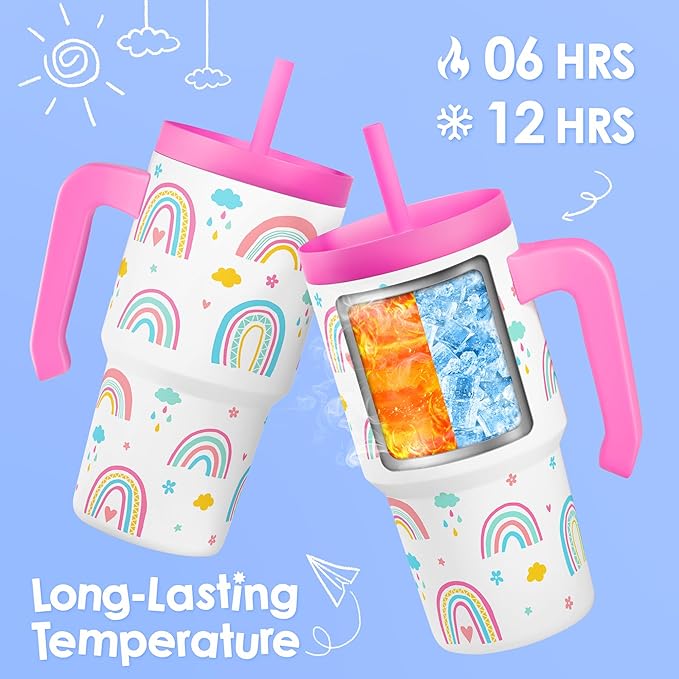 Rainbow Tumbler 20oz with Handle and Silicone Straw Lid for Kid, Insulated Stainless Steel Cup, Gift for Kids Girls, Gifts Idea for Birthday Christmas Back to School