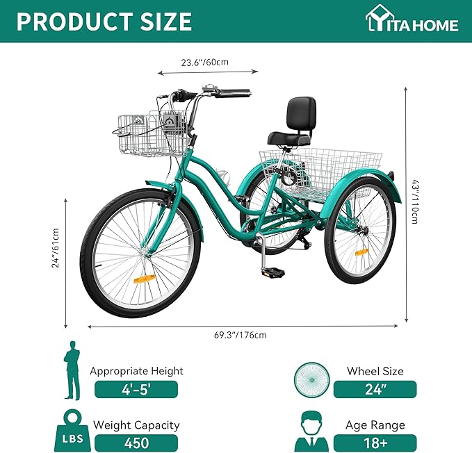 YITAHOME 24 & 26 Inch Adult Tricycle, 1 & 7 Speed 3 Wheel Bikes, Large Seat with Backrest Trike for Adults with Front & Rear Baskets, Cruiser Bike for Seniors Women Men Commute Picnic Outdoor