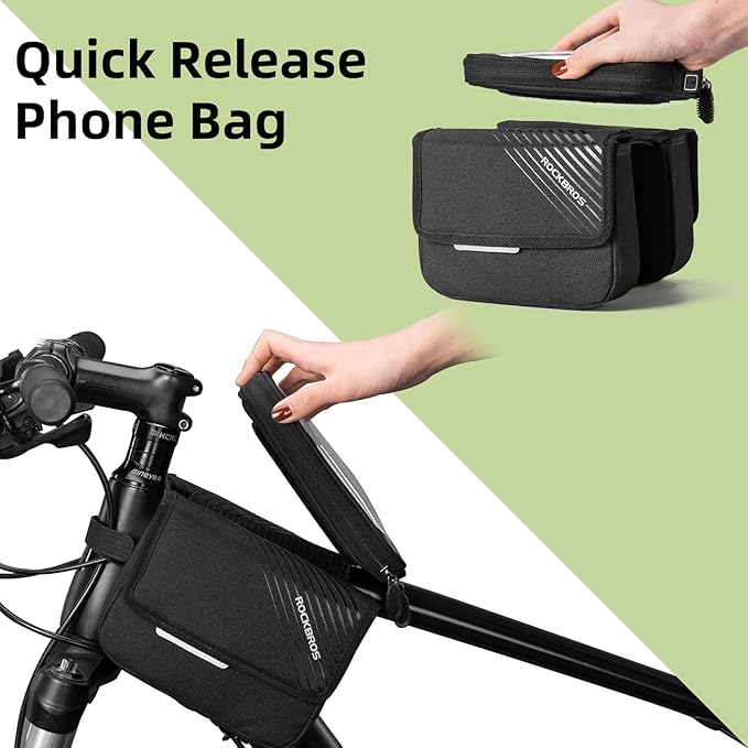 ROCKBROS Bike Frame Bag, Waterproof Top Tube Bike Bag, Large Storage Touch Screen Bike Cell Phone Holder Suitable for iphone X,11,12,13,14 Below 6.4"