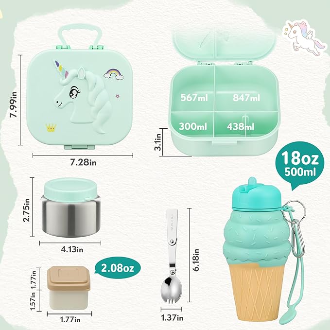 Kids Lunch Box Set -12oz Insulated Food Jar, Thermal Bag,Leakproof Lunch Food Containers Cutlery (BPA Free)-Gift for Girls/Boys Age 3-10(Green)