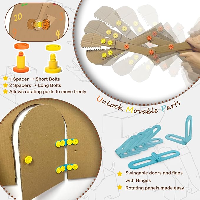 Cardboard Construction Kit - 401 PCS Kids Building Set with Safe Serrated Cutter, Crease Roller, Screws & Nuts, STEM Upcycled Tool for DIY Cardboard Projects, Engineering & Creativity