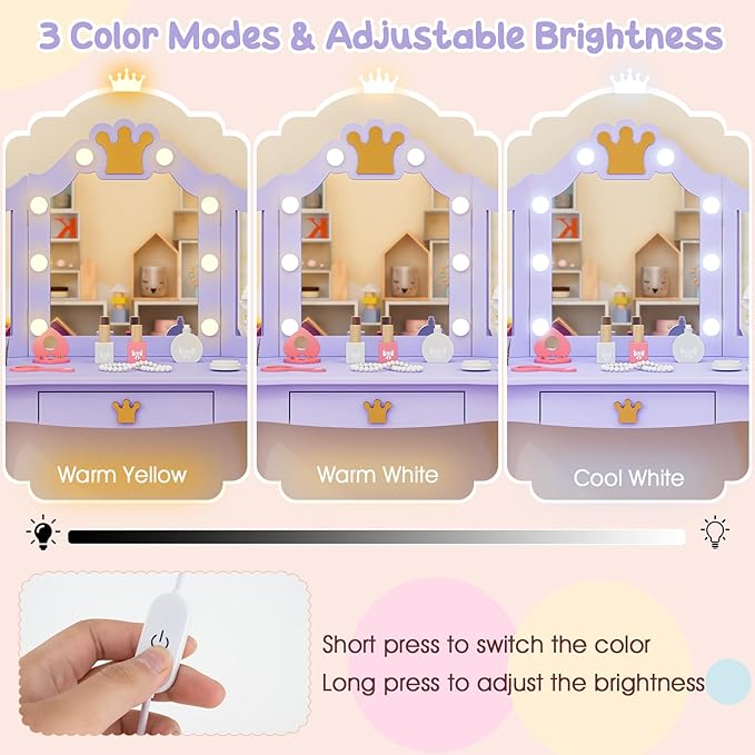 Costzon Kids Vanity with Lights, Girls Vanity Set with Mirror and Stool, Drawer, 2 in 1 Princess Makeup Desk Dressing Table, Kids Vanity Table and Chair Set, Violet
