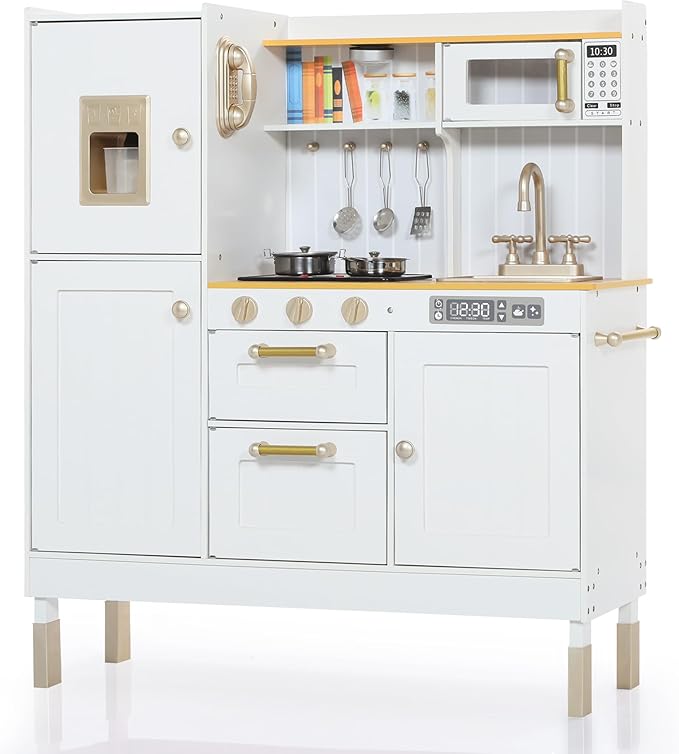 Play Kitchen for Kids, Wooden Kids Kitchen Playset with Realistic Sounds, Children Pretend Toy Kitchen Playset w/Stove, Oven & Ice Maker, Little Chef Play Kitchen for Girls and Boys, White