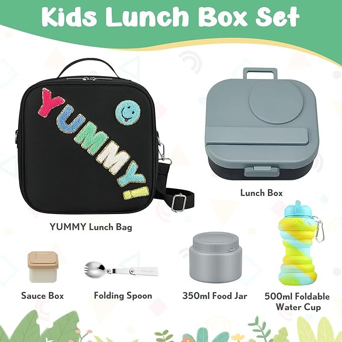 Kids Bento Lunch Box with 12oz Soup Thermo, Kids Leakproof Lunch Food Container with 4 Compartments, Insulated Lunch Bag & Water Cup for Girls Boys to School Travel