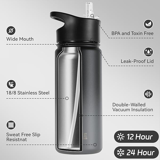 HASLE OUTFITTERS Insulated Water Bottle 16 oz Double Wall Vacuum Stainless Steel Water Bottle kid Leak Proof for School Wide Mouth with Straw Lid & Spout Lid Keeps Cold and Hot(Black and Gray,1pack)