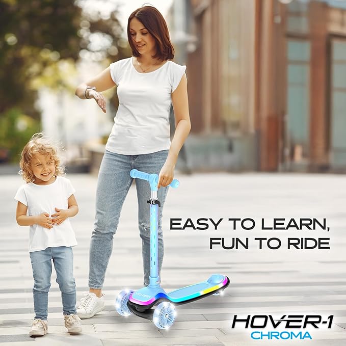 Hover-1 Chroma Folding Kick Scooter for Kids with Multicolor Wheel Lights, 3” Front Wheels, Rear Foot Brake, and 110 LB Weight Capacity