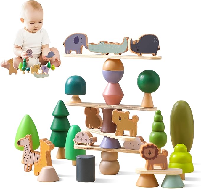 Wooden Animal Forest Balance Stacking Toy Set 36PCS Wood Miniature Tree Blocks Set Elegant Ornaments for Home Decor Wooden Mini Trees Animals Balance Toy for Toddler 36 Months+
