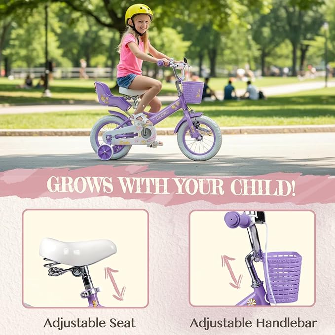 Glerc Sasha Girls Bike, 12-20 Inch Kids Bike for Children Ages 2-13 Years, Kids Bicycle with Doll-Seat & Basket & Training Wheels, Multiple Colors