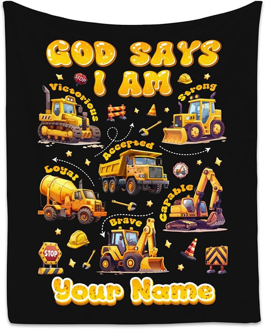 Personalized Truck Throw Blanket for Boys, Car & Bed - 60''x80'', Excavator Theme, Fleece Warm & Cozy