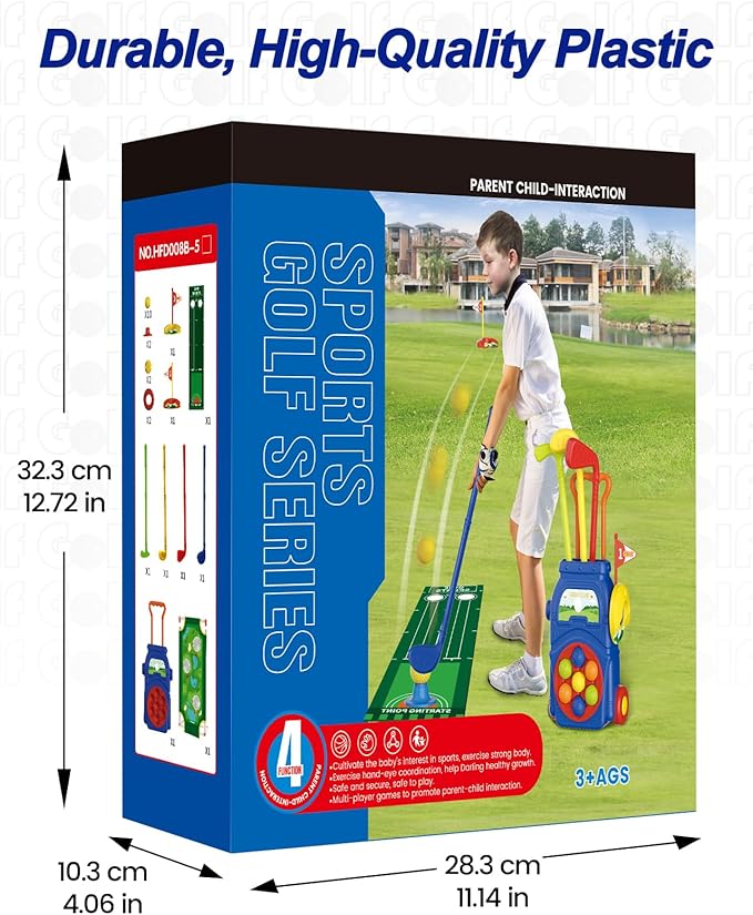 KINGTOP Toddler Golf Set with Putting Mat & Cornhole Board, Kids Golf Clubs 3-5 Years Old with 10 Balls, 4 Clubs, 2 Holes & Cart, Indoor Outdoor Toddler Sports Toys