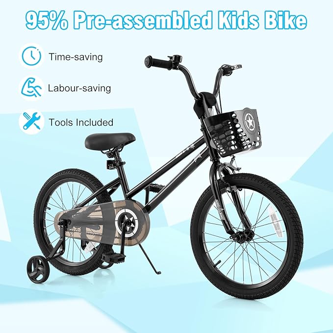 BABY JOY Starry Kids Bike, 12 14 16 18 Inch Bicycle with Training Wheels, Storage Basket, Adjustable Handlebar & Seat, Handbrake & Coaster Brake, Girls Boys Bike