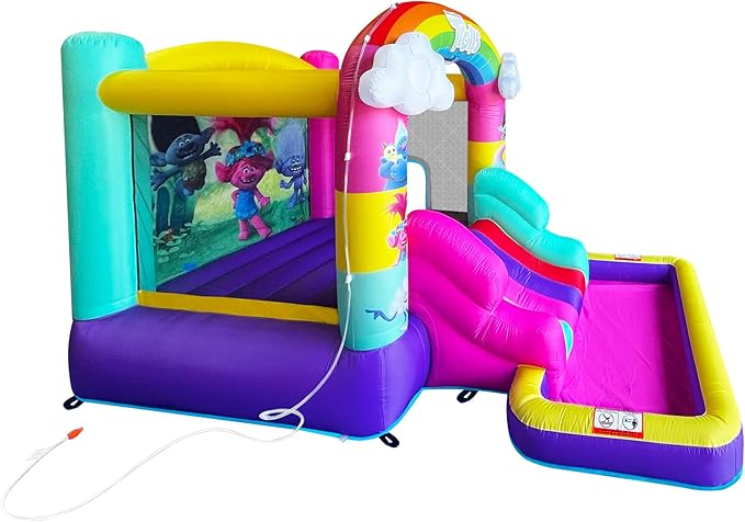 Funormous Trolls Bounce House with Slide & Ball Pit – Indoor/Outdoor Inflatable Play Castle with Heavy-Duty Air Blower for Kids Ages 3–8