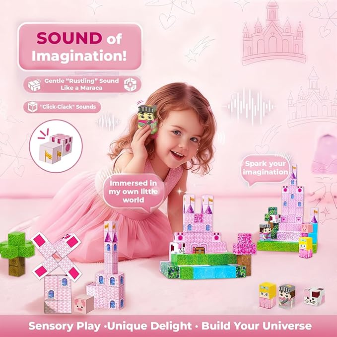 100PCS Magnetic Building Blocks for Kids – Pink Princess Castle Magnetic STEM Toys & Cubes, Squares Sets, Princess Gifts for 3-8 Years Old Girls, Birthday Gifts