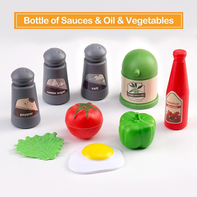 90Pcs Kitchen Playset Accessories, Pretend Cooking with Pots, Pans, Cookware, Food, Fruit, Veges, Color Sorting Baskets, Prop Money, Learning Gift for Girls Boys Toddlers (Blue)