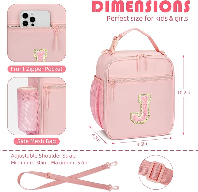 Initial Insulated Lunch Bag for Girls Kids, Back to School Gift, Reusable Leak-proof Lunch Box with Adjustable Strap for School Daycare Travel Picnic (Pink,J)