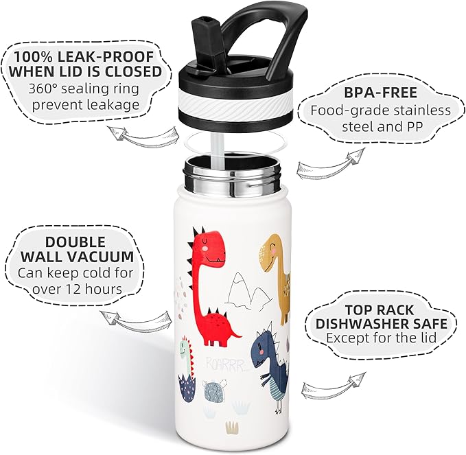 Fanhaw 18 Oz Kids Insulated Water Bottle with Straw - Stainless Steel Double Wall Vacuum Cup, Leakproof, BPA Free, Suitable for Boys and Girls(White - Cute Dinosaur)