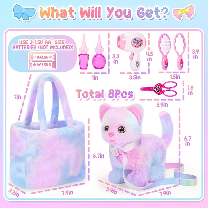 Plush Interactive Cat Toys for Kids with Tote Bags, Stuffed Robot Pet Kitten with Leash Walking Meow Pretend Play, Realistic Cute Stuff Fidget Toys for Toddler Stocking Stuffers Birthday Gifts