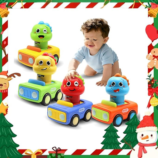 Pbooo Press to Go Car, Dinoaur Car Toys for Toddlers 1-3, Kids' Play Vehicles and Race Cars, Push Go Cars for 6-12-18 Month, Ideal Christmas and Birthday Gift for 1-2 Year Old Kids