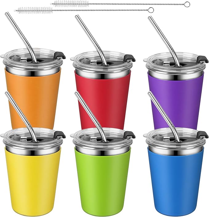 ShineMe Cups With Lids and Straws, 6pack Stainless Steel Toddler Tumbler with Metal Straws, Unbreakable Kids Sippy Cups with Colorful Silicone Sleeves for Cold & Hot Drinks