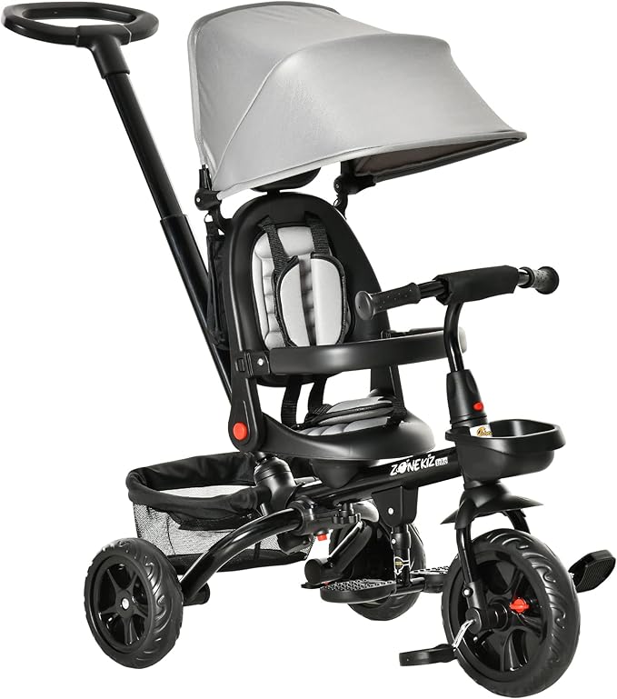 Qaba Kids Tricycle, 4 in 1 Foldable Trike with Reversible Seat, Adjustable Parent Handle, Safety Harness, Wheel Brakes, Removable Canopy, Storage, Tricycle for Toddlers 1-5 Years, Gray