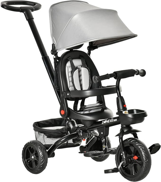 Qaba Kids Tricycle, 4 in 1 Foldable Trike with Reversible Seat, Adjustable Parent Handle, Safety Harness, Wheel Brakes, Removable Canopy, Storage, Tricycle for Toddlers 1-5 Years, Gray