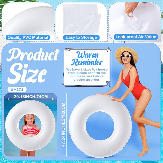 6 Pcs Inflatable Pool Float White Swimming Ring Pool Floats Adult Inflatable Tube Toy for Man Women Summer Vacation Beach River Bachelorette Wedding Party Supplies