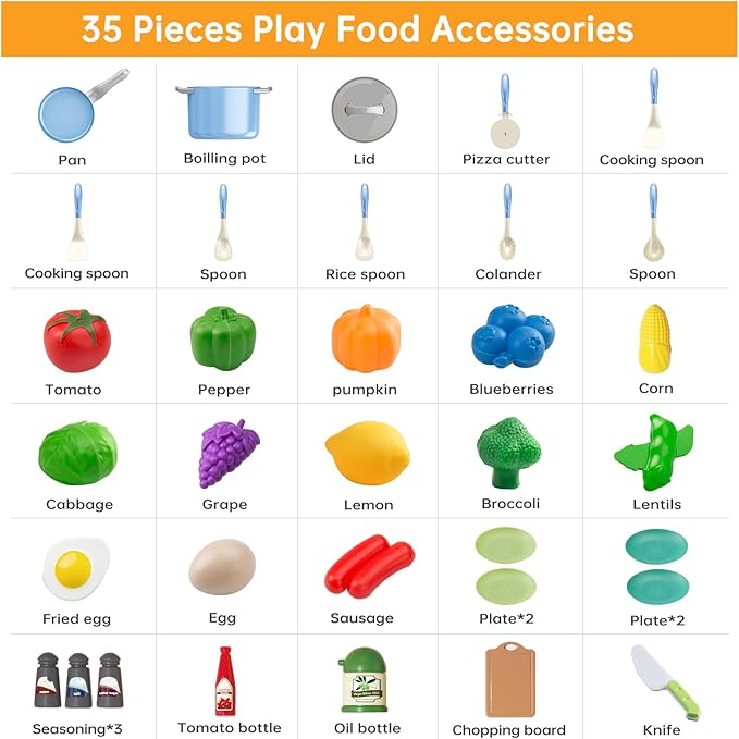 35Pcs Kids Kitchen Toy Accessories, Toddler Pretend Cooking Playset with Play Pots, Pans, Utensils, Cookware, Play Food Set, Toy Vegetables, Learning Gift for Girls & Boys (Blue)