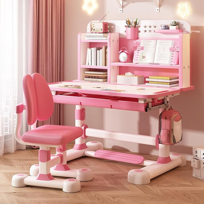 Upgraded Kid's Desk and Chair Set, Adjustable Children's Study Table with Bookshelf and Storage Drawer, 50-Degree Tiltable Desktop with Chair for Bedroom (Pink 117cm)