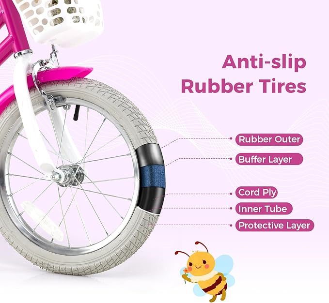 BABY JOY Kids Bike, 12 14 16 18 Inch Children Bicycle w/Detachable Training Wheels, Storage Basket, Adjustable Seat & Handlebar, Bow or Streamer, Girls Bike for 3-8 Years Old