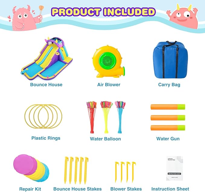 JOYLDIAS Inflatable Water Slide,Water Park Bounce House,Slide Bouncer Castle Playhouse w/Splash Pool, Climbing Wall, Ring Toss Game for Kids Outdoor Fun, 480W Air Blower