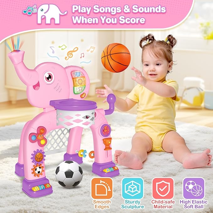 SpringFlower Toddler Basketball Hoop & Soccer Goal Activity Center Toys with Light & Music,Elephant Toddlers Musical Toys Gift, Baby & Toddlers Christmas Birthday Gift for 1 2 3 Year Old Girls & Boys