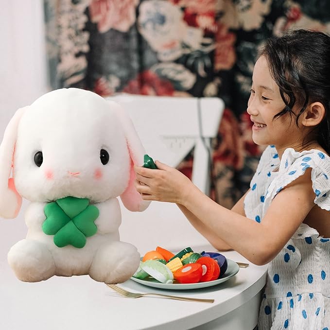 HOUPU Soft Toy - Sitting Lop Eared Rabbit, Easter White Rabbit Stuffed Bunny Animal with Carrot Soft Lovely Realistic Long-Eared Standing Pink Plush Toys (White-Four Leaf,12.5in/32cm)