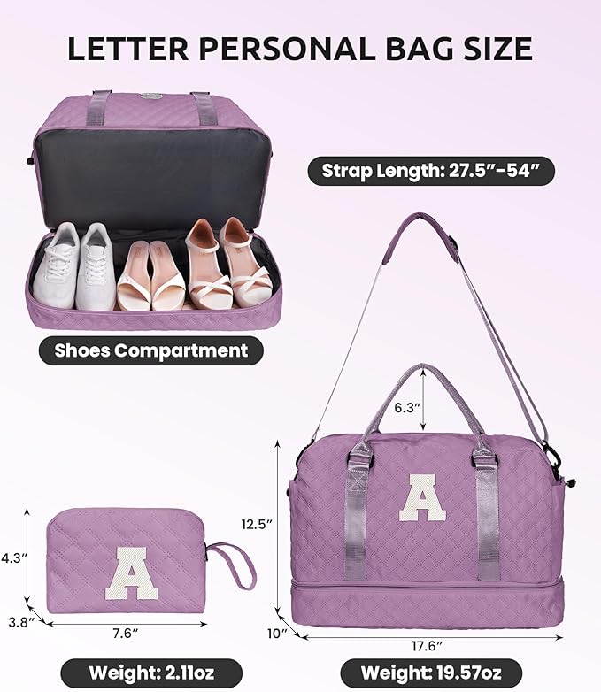 Gifts for Daughter - Personalized Travel Bag with Shoe Compartment, Monogram Overnight Bag for Women, Sister Friend Girlfriend Gifts (Letter M)