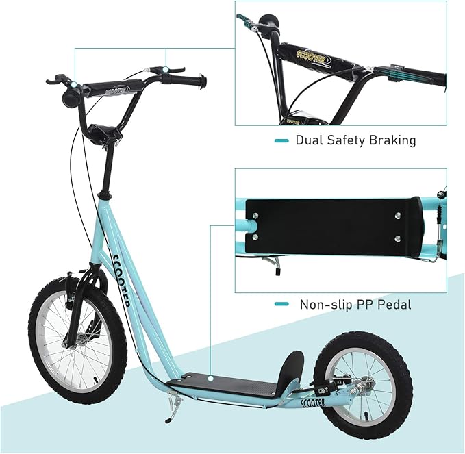 Aosom Youth Scooter, Teens Kick Scooter, Adjustable Handlebar Ride On Toy for 5+ with 16" Front and 12" Rear Dual Brakes Inflatable Wheels