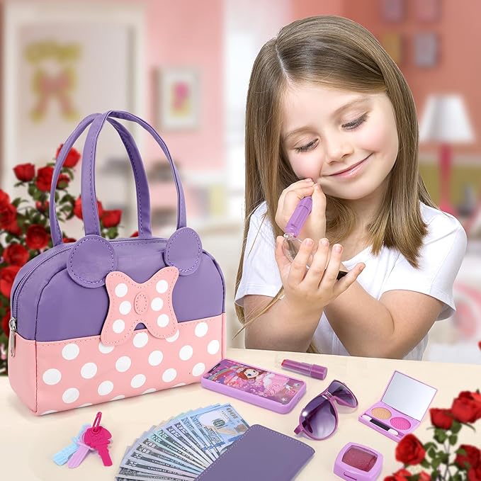 Pretend Play Purse for Little Girls, Toddler Purse with Pretend Makeup Toys for Toddlers, Princess Pretend Play Purse Toys, Kids Purse Toy Birthday Gift for Girls Age 3 4 5 6+ (Purple)